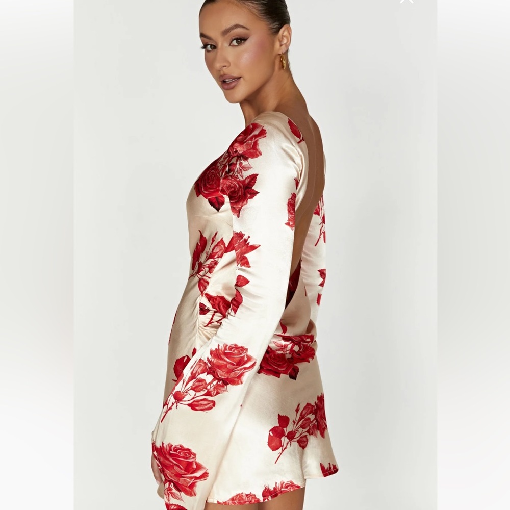 Meshki low back, satin, rose print, long sleeve ,mini dress